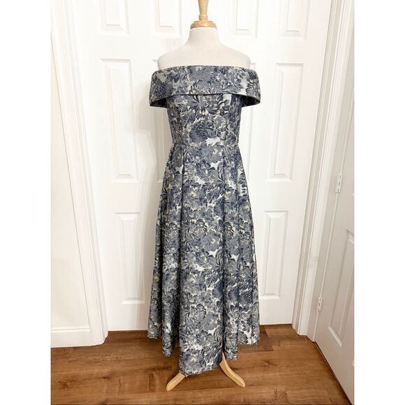 Alex Evenings Dresses & Skirts - Alex Evenings Womens Blue Silver Floral Brocade Off the Shoulder Gown Size 8